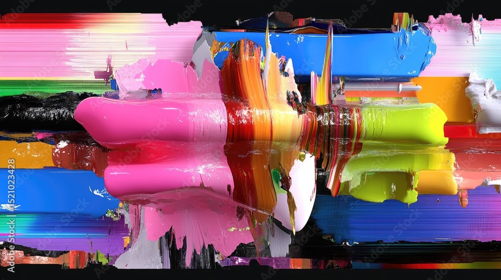 Poster fragmented glitch scene with saturated color bars and digital error patterns in bright tones