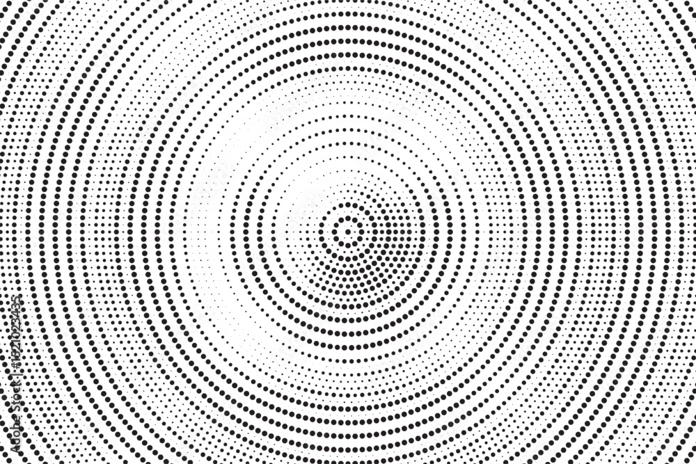 Poster Radial halftone gradient background. Dotted concentric texture with fading effect. Black and white circle shade wallpaper. Grunge rough vector. Monochrome backdrop