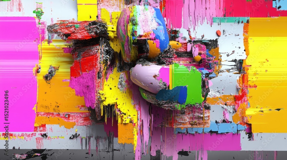 Poster fragmented glitch scene with saturated color bars and digital error patterns in bright tones
