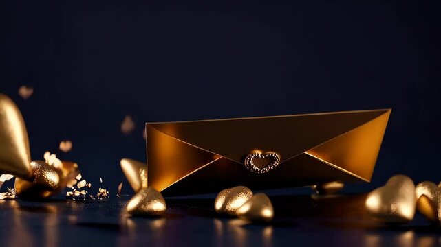 Golden envelope with heart seal bursting open and releasing floating golden hearts in dramatic slow motion, symbolizing romance, affection, luxury love letters, and celebration of emotional connection