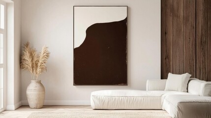 Modern living room with a large abstract painting hanging on the wall above a white sofa. the painting is a large, rectangular canvas with a dark brown color and a white background.