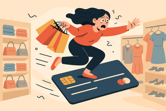 Shopping addiction metaphor. Woman riding a credit card, overwhelmed by impulsive buying and debt. Consumerism concept, shopaholic behavior, financial stress, retail therapy. Overspending in store.