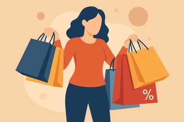 Shopaholic woman on shopping spree with many colorful bags from retail sale. Vector illustration, happy buyer. Fashion discount concept, consumerism, modern lifestyle, percent offer, purchase.