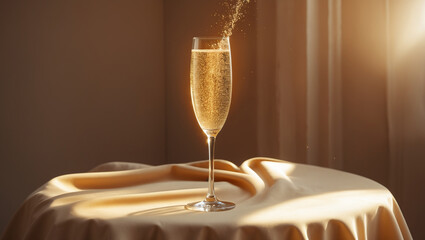A champagne flute with bubbles and golden liquid