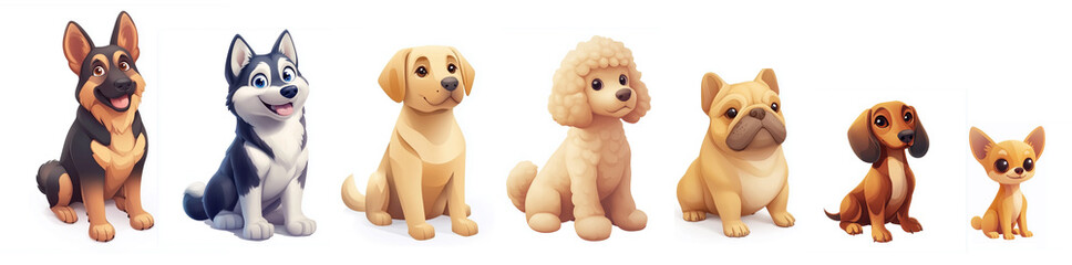 cartoon icons. Big set of pets dogs. Shepherd, husky, labrador, poodle, bulldog, dachshund, chihuahua