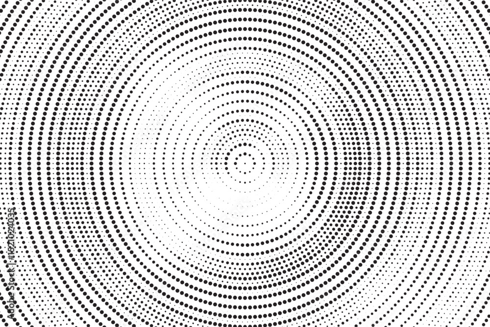 Aufkleber Radial halftone gradient background. Dotted concentric texture with fading effect. Black and white circle shade wallpaper. Grunge rough vector. Monochrome backdrop