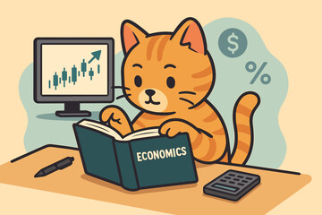 Feline finance scholar. Cute orange cat reading economics book, analyzing stock market growth chart on computer. Business education, investment, financial literacy concept. Cartoon vector.