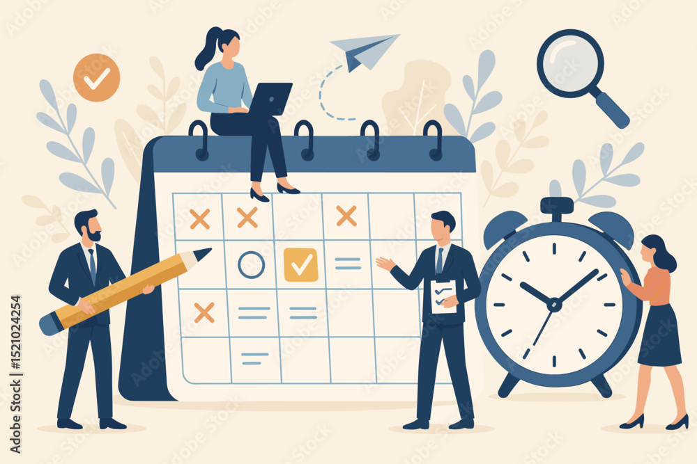 Aufkleber efficient time management concept with business team planning schedule, organizing tasks on calendar