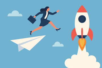 Ambitious businesswoman makes career leap forward, jumping from paper airplane to launching rocket. Concept of success, growth, opportunity, innovation, startup, progress, new beginning, courage.