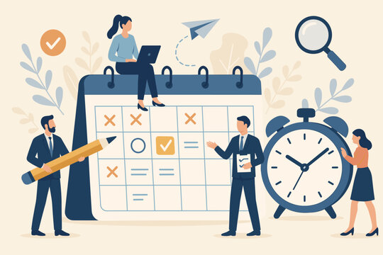 Efficient time management concept with business team planning schedule, organizing tasks on calendar. Productivity, deadline strategy with alarm clock, laptop and pencil. Project organization.