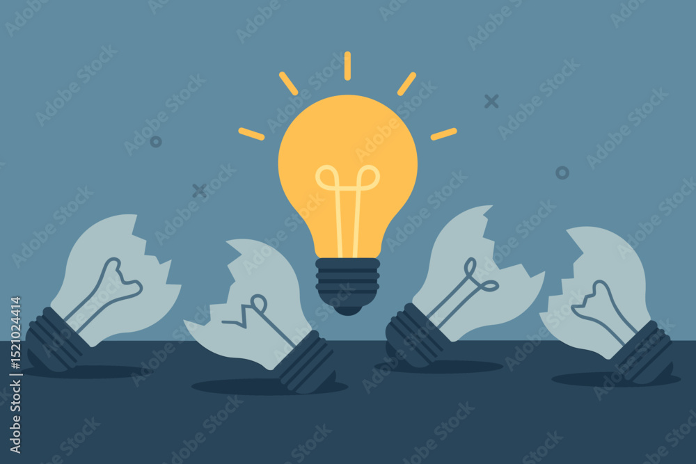 Poster illuminating innovation bright idea lightbulb stands out from failed broken ones. concept of creativ