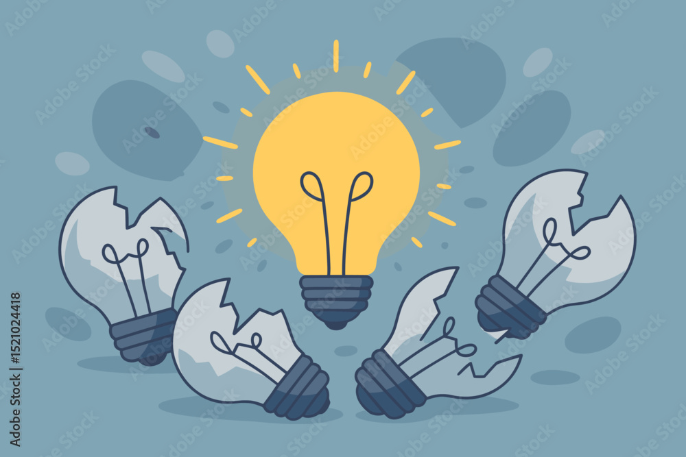 Poster illuminating innovation concept. bright idea lightbulb shining among broken failures. metaphor for c