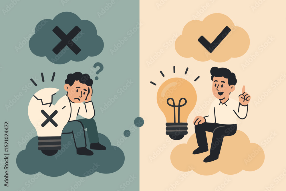 Poster problem solving concept. man with broken lightbulb symbolizing failure, confusion. versus man with g