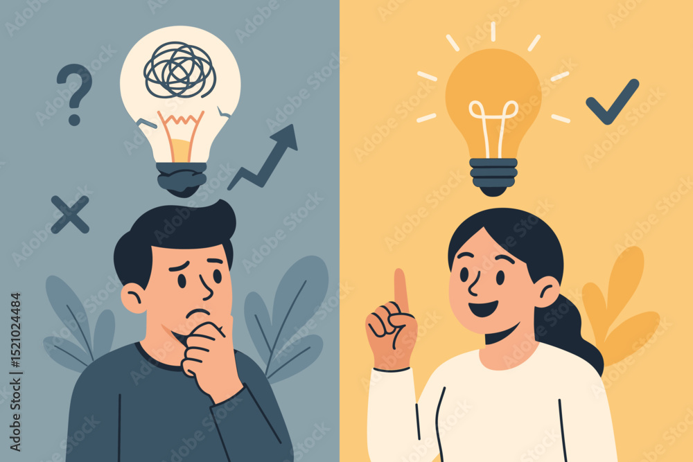 Poster idea light bulb contrast: man with confused, tangled thoughts and question mark. woman with clear, b