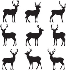 Deer silhouettes set vector illustration, black deer silhouette icon bundle