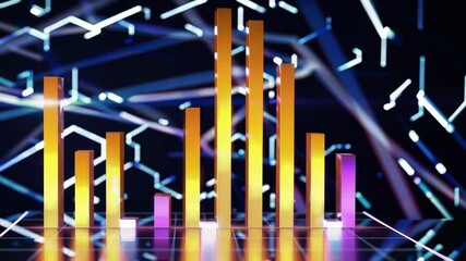 Colorful digital bar graph rising over abstract cyber interface background, symbolizing futuristic data analytics, business growth, and advanced visual representation of information technology - Powered by Adobe