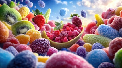 Detailed frozen fruit layout showing rich colors and glistening frost, perfect for healthy cold snacks