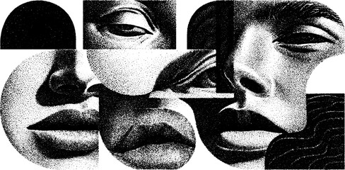 Engraved illustration set of fragmented faces for artistic design projects