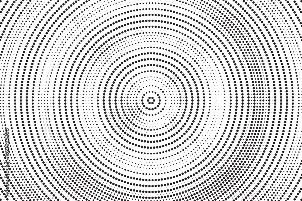 Aufkleber Radial halftone gradient background. Dotted concentric texture with fading effect. Black and white circle shade wallpaper. Grunge rough vector. Monochrome backdrop