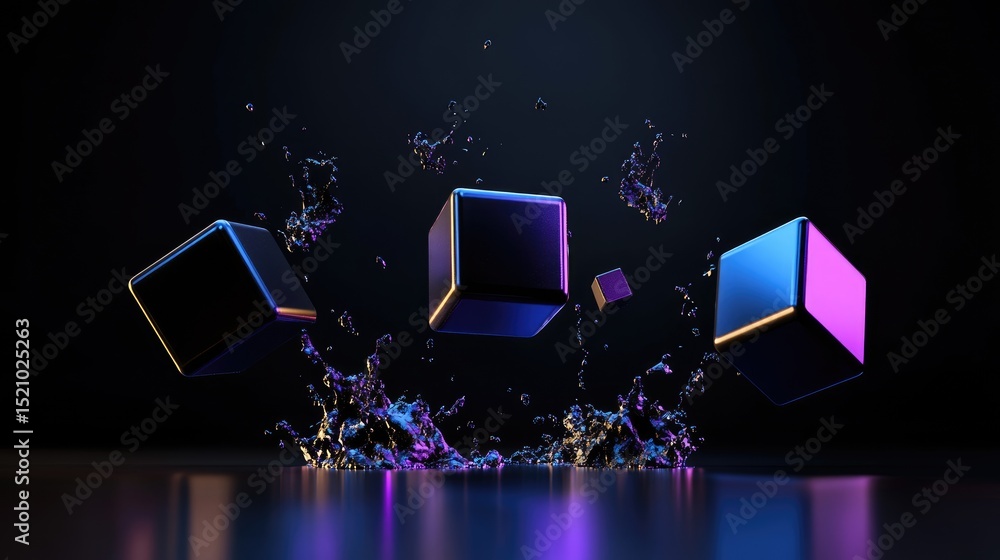 Poster dark abstract space with digital cubes in motion glowing in purple-blue gradients