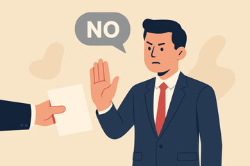 Businessman firmly rejecting document with stop hand gesture. Corporate professional saying no, refusal concept. Business disagreement, declining offer, negative response, conflict illustration.