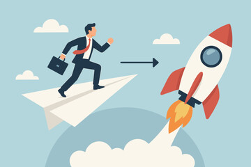 Ambitious businessman upgrade from paper airplane to rocket launch. Business growth strategy. Career development. Innovation. Progress. Success. Leadership. Goal achievement. Future vision. Metaphor.
