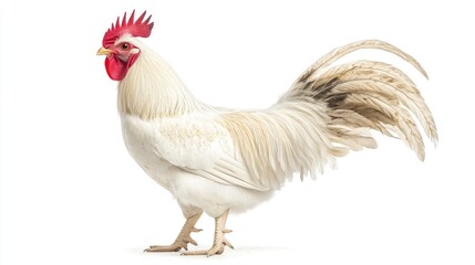 Fototapeta premium White rooster standing upright, isolated on white background,