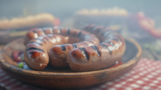 delicious grilled sausages on a wooden plate, perfect for a summer barbecue or outdoor feast, capturing the essence of cooking