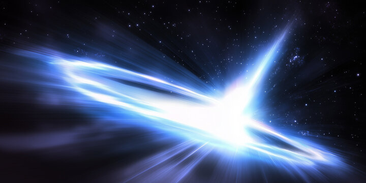 Exploding Light Burst in Deep Space with Blue Cosmic Trails