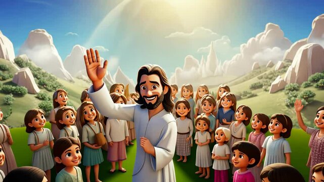 Jesus Christ our Savior waving his hand accompanied by many children