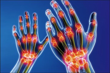 Obraz premium Detailed view of human hands showing joint anatomy and inflammation in a medical illustration