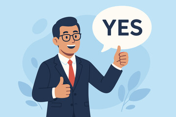 Successful Deal Confirmation. Happy businessman in suit shows thumbs up, YES in speech bubble. Positive agreement, approval, achievement. Corporate success, professional character vector.