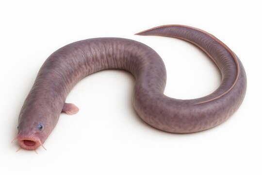 Hagfish posing on white background, creating an s shape with its body