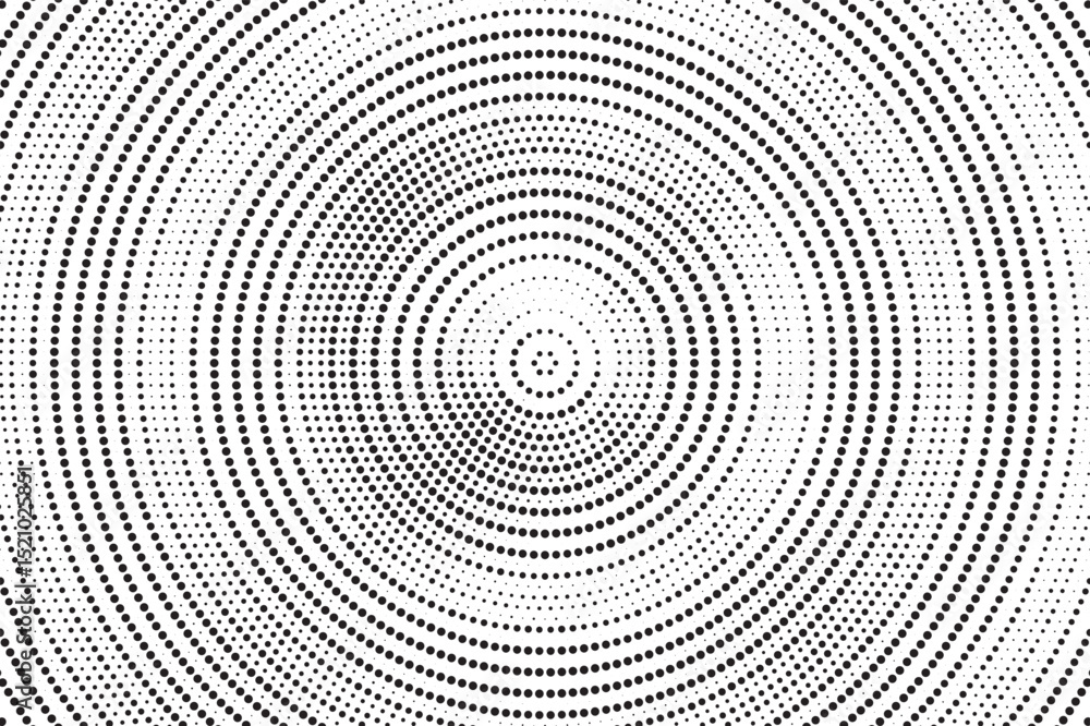 Aufkleber Radial halftone gradient background. Dotted concentric texture with fading effect. Black and white circle shade wallpaper. Grunge rough vector. Monochrome backdrop	