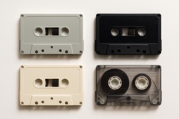 Four colorful audio cassettes lying on a white background