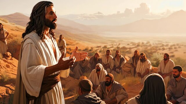 Jesus Christ the Son of God teaching by parables and preaching to the people in the nature