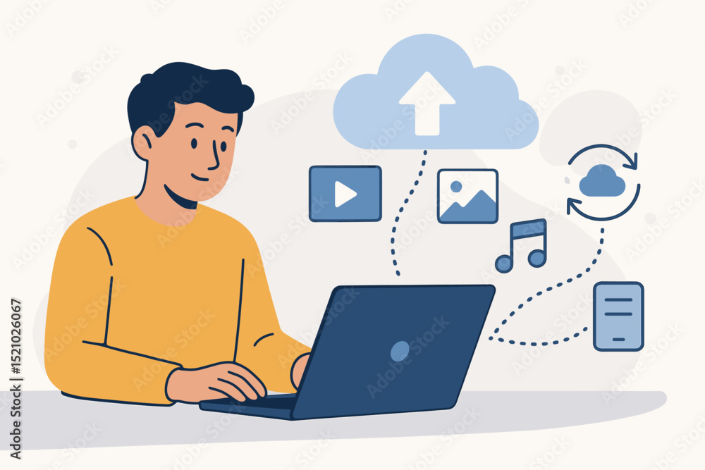 Poster man using laptop uploading media files to cloud storage service. online data backup, file sharing, s