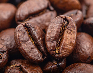 Closeup reveals intricate details of coffee beans, showcasing their dark brown skins and rich textures
