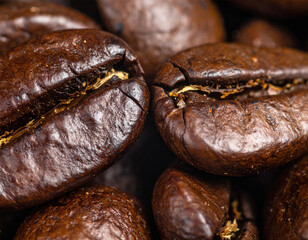 Closeup reveals intricate details of coffee beans, showcasing their dark brown skins and rich textures