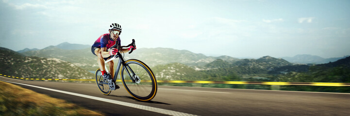 Banner. Hand made collage. Cyclist in aerodynamic position racing on open mountain road, blurred background enhances motion and speed. Concept of professional sport, cycling race, competition