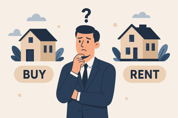 Real estate decision concept. Man choosing between buying or renting house. Buy or rent dilemma, housing market, property investment, mortgage, homeownership, leasing vector illustration.