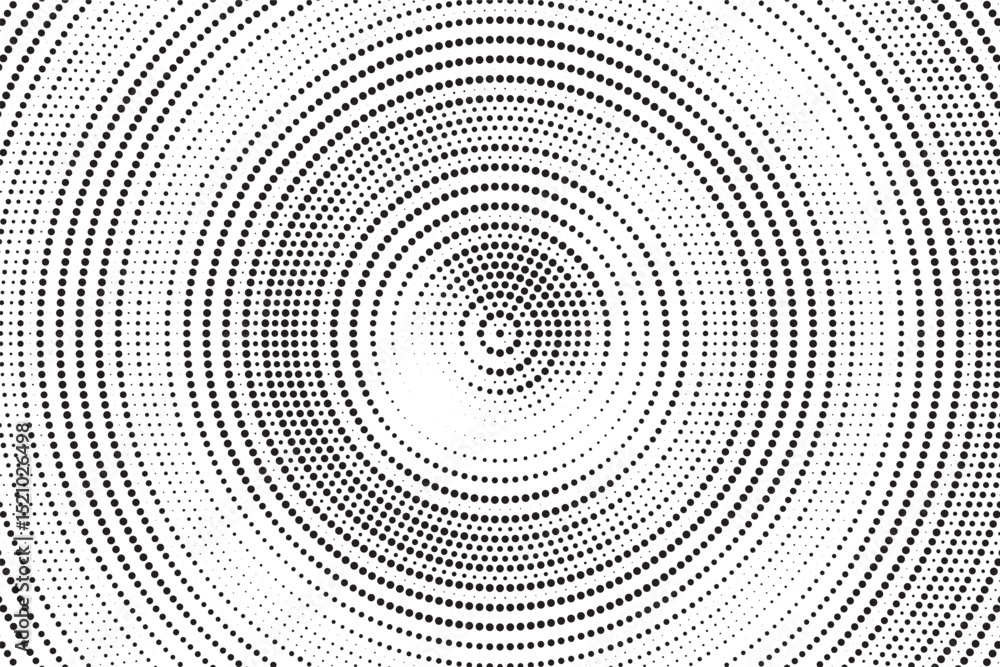 Aufkleber Radial halftone gradient background. Dotted concentric texture with fading effect. Black and white circle shade wallpaper. Grunge rough vector. Monochrome backdrop