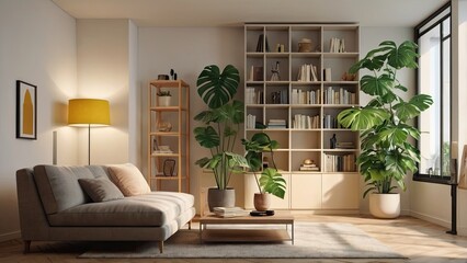 Modern Minimalist Living Room with Indoor Plants and Natural Light