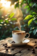 Steaming Cup of Coffee on Rustic Table in Morning Garden Light