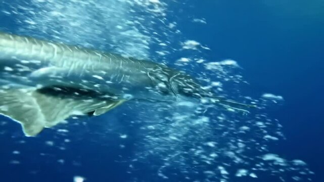 Majestic swordfish gliding through aqua depths amidst bubbling currents