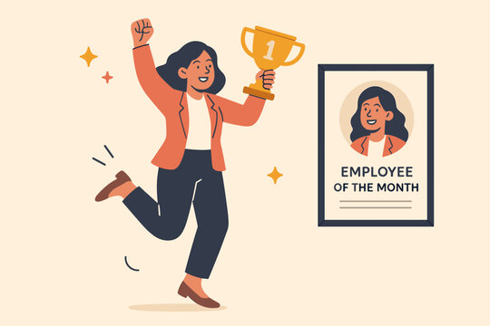 Triumphant Businesswoman Celebrating Success as Employee of the Month, Holding Golden Trophy with Joy. Achievement, Victory, Award, Recognition, Leadership, Career Goal.