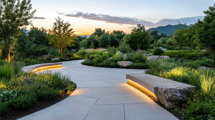 Serene garden path illuminated by soft lights, surrounded by lush greenery and rocks, pastel sky