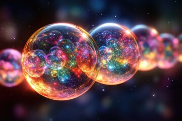 A chain of vibrant, colorful spheres filled with sparkling galaxies, representing the vastness of the cosmos.