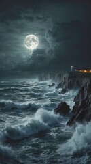 Dramatic Moonlit Ocean Cliffs with Stormy Waves – Night Coastal Landscape with Lighthouse
