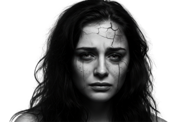 Isolated Black and White Portrait Sad Woman Cracks